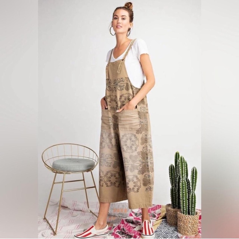 NWT Easel Tan Floral-Print Wide-Leg Overalls Romper Adjustable Straps Large